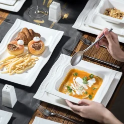 MALACASA, Serie Mario, 28-teilig Kombiservice Aus Porzellan Geschirrset Mit Je 6 Schalen, 6 Dessertteller, 6 Suppenteller, 6 Speiseteller, 2 Rechteckige Platten Und 2 Salz- Und Pfefferdosen -Kuechengeschirr 00848828380ea1cc516743136899276b