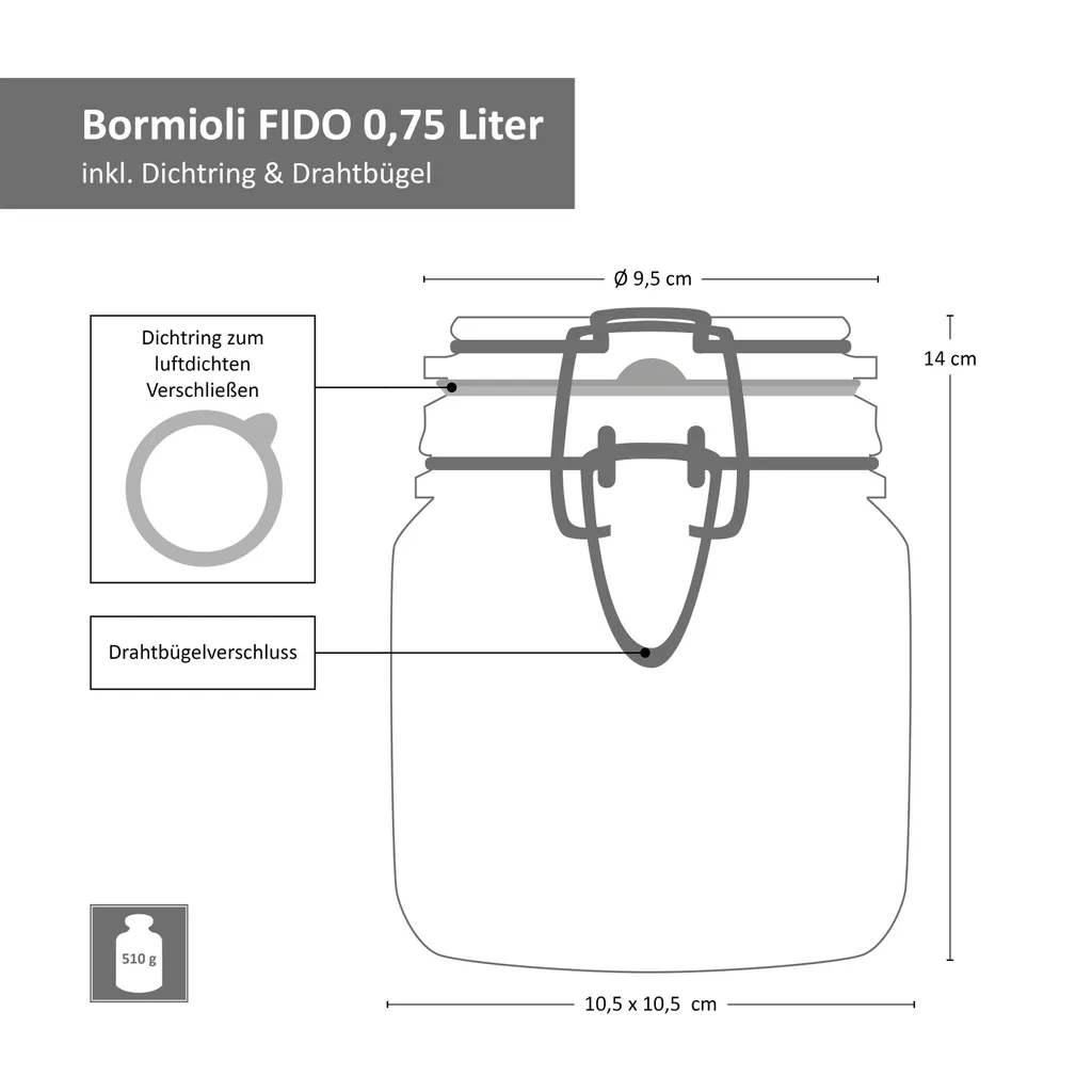 6-tlg. Set Drahtbügelglas Fido 0,75L + 1,0L + 1,5L Einmachglas Mit Bügelverschluss Vorratsglas 7 6-tlg. Set Drahtbügelglas Fido 0,75L + 1,0L + 1,5L Einmachglas Mit Bügelverschluss Vorratsglas – Bild 5