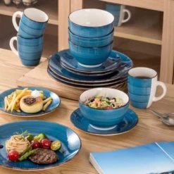 Vancasso Bella Steinzeug Kombiservice, 16 Teilig Geschirrset Für 4 Personen, Mit Je 4 Dessertteller, Speiseteller, Müslischalen, Kaffeebecher, Blau -Kuechengeschirr 0d3c38871a1efc0cb57e77b9bb6ffb41