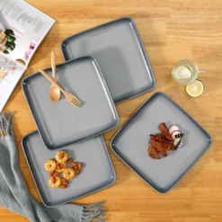 LOVECASA Tafelservice, 4-tlg Set Quadratische Speiseteller Aus Steingut, Flachteller, Frühstücksteller Für 4 Personen, Grau -Kuechengeschirr 19761ae9410412a30c62a01b11ff877c