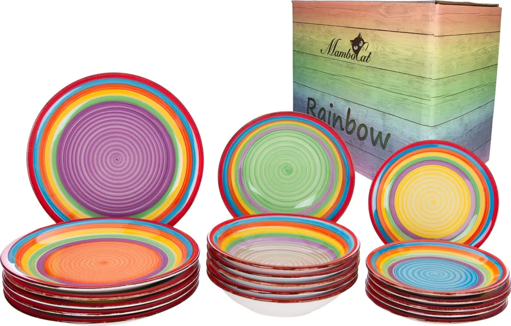 Tellerset Rainbow 18-tlg. 6 Personen Steingut Tafelservice Dessertteller Speiseteller Suppenteller 3 Tellerset Rainbow 18-tlg. 6 Personen Steingut Tafelservice Dessertteller Speiseteller Suppenteller