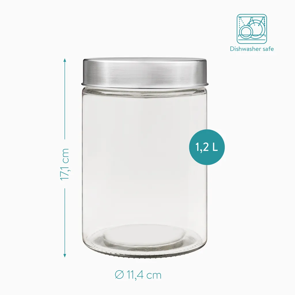Navaris 4x 1200ml Vorratsgläser Mit Edelstahldeckel - Glas Vorratsdosen Set Mit Sicherem Schraubverschluss - Lebensmittel Aufbewahrungsgläser Küche 5 Navaris 4x 1200ml Vorratsgläser Mit Edelstahldeckel - Glas Vorratsdosen Set Mit Sicherem Schraubverschluss - Lebensmittel Aufbewahrungsgläser Küche – Bild 3