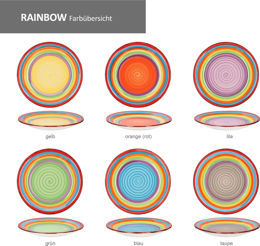 Tellerset Rainbow 18-tlg. 6 Personen Steingut Tafelservice Dessertteller Speiseteller Suppenteller 4 Tellerset Rainbow 18-tlg. 6 Personen Steingut Tafelservice Dessertteller Speiseteller Suppenteller – Bild 2
