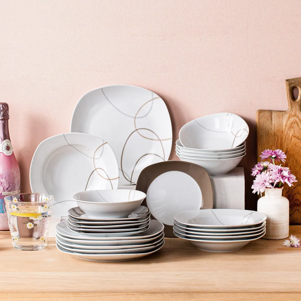 VEWEET Tafelservice 'Nikita' Aus Porzellan, 24 Teilig Geschirrset Beinhatlet Müslischalen, Dessertteller, Speiseteller Und Suppenteller, Geschirrservice Für 6 Personen 10 VEWEET Tafelservice 'Nikita' Aus Porzellan, 24 Teilig Geschirrset Beinhatlet Müslischalen, Dessertteller, Speiseteller Und Suppenteller, Geschirrservice Für 6 Personen – Bild 8