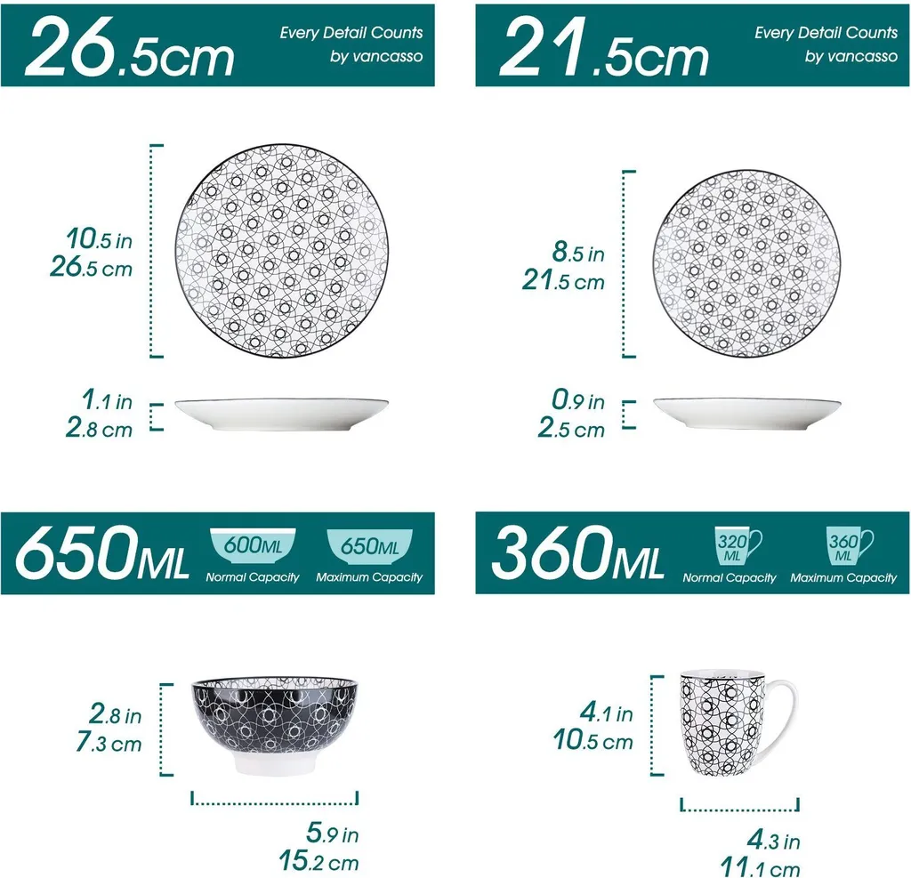 Vancasso, Haruka Porzellan Geschirrservice, 32-teilig Rund Kombiservice Geschirrset Tafelservice Für 8 Personen, Schwarz 4 Vancasso, Haruka Porzellan Geschirrservice, 32-teilig Rund Kombiservice Geschirrset Tafelservice Für 8 Personen, Schwarz – Bild 2