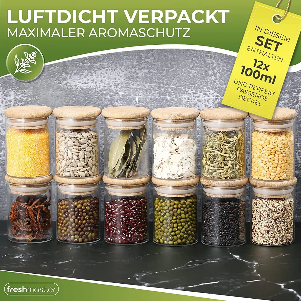 Freshmaster Gewürzgläser Set Aufbewahrung Gewürze I 12x 100ml Vorratsdosen Glas Mit LongLife+ Dichtung Und Bruchsicherem Borosilikat Glas I Glasbehälter Mit Deckel Gläser Gewürze Set Spice Jars 6 Freshmaster Gewürzgläser Set Aufbewahrung Gewürze I 12x 100ml Vorratsdosen Glas Mit LongLife+ Dichtung Und Bruchsicherem Borosilikat Glas I Glasbehälter Mit Deckel Gläser Gewürze Set Spice Jars – Bild 4