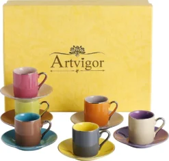 Artvigor, Porzellan Kaffeeservice, Bunt 12 Teilig Kaffee Set, Mit 6 Espressotassen 80 Ml, 6 Untertassen, Mehrfarbig