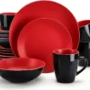 Vancasso Tafelservice Steinzeug, Allegro 16 Teiliges Essgeschirr Kombiservice, Handbemaltes Geschirrset Für 4 Personen, Vintage Rot
