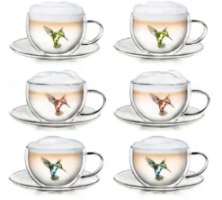 Creano 6er-Set Thermo-Tasses "Hummi" Für Tee/Latte Macchiato, Doppelwandig, Mit Kolibri-Muster | 250ml In Exklusiver Geschenkpackung