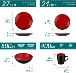 Vancasso Tafelservice Steinzeug, Allegro 16 Teiliges Essgeschirr Kombiservice, Handbemaltes Geschirrset Für 4 Personen, Vintage Rot -Kuechengeschirr 56913f59349842a8e785fccb7e12d9d9