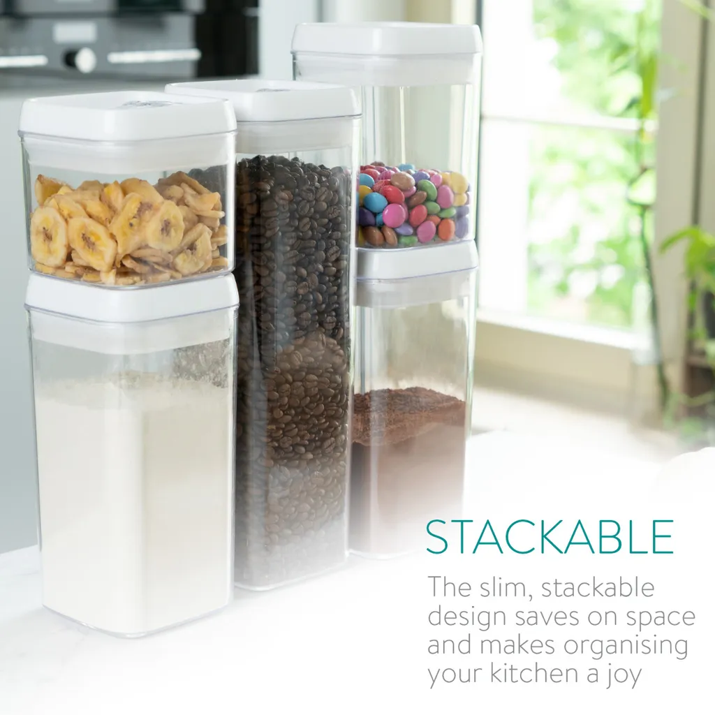 Navaris Vorratsdosen Behälter Set Für Lebensmittel - 5x Aufbewahrung Für Mehl Zucker Nudeln Cornflakes Müsli Reis - Aufbewahrungsboxen Stapelbar 5 Navaris Vorratsdosen Behälter Set Für Lebensmittel - 5x Aufbewahrung Für Mehl Zucker Nudeln Cornflakes Müsli Reis - Aufbewahrungsboxen Stapelbar – Bild 3