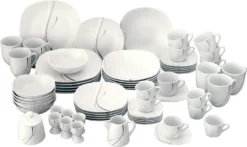 Van Well Kombiservice Silver Night 62-tlg 6 Personen, Tafel + Kaffee + Zubehör, Linien-Dekor -Kuechengeschirr 68a859df129ce9a5811c8dc545c77eda