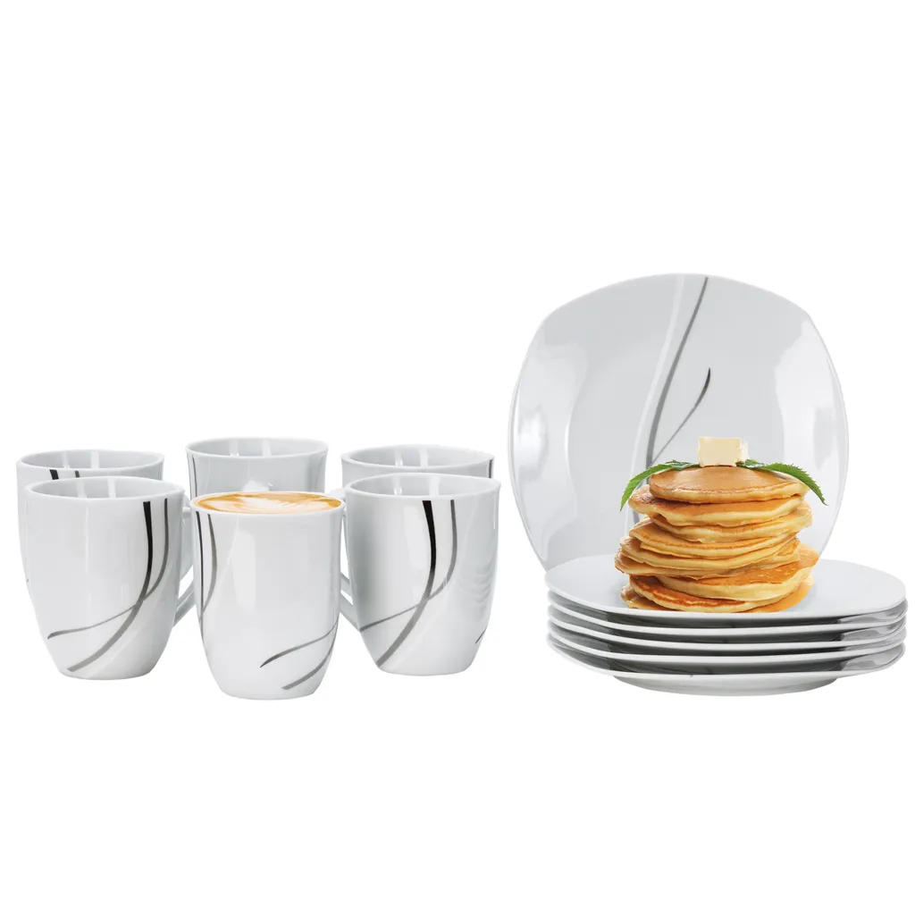 Van Well Frühstücksservice Silver Night, 12tlg 6 Personen, 6 Kaffeebecher + 6 Teller, Linien-Dekor 3 Van Well Frühstücksservice Silver Night, 12tlg 6 Personen, 6 Kaffeebecher + 6 Teller, Linien-Dekor