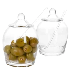 2x Oliven Glas Oliver + Deckel & Löffel Topf Pott Oliven-Dose Aufbewahrungsglas
