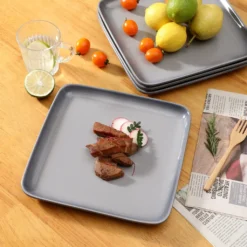LOVECASA Tafelservice, 4-tlg Set Quadratische Speiseteller Aus Steingut, Flachteller, Frühstücksteller Für 4 Personen, Grau -Kuechengeschirr 7a58051b32b351884f0d94a56d64a9aa
