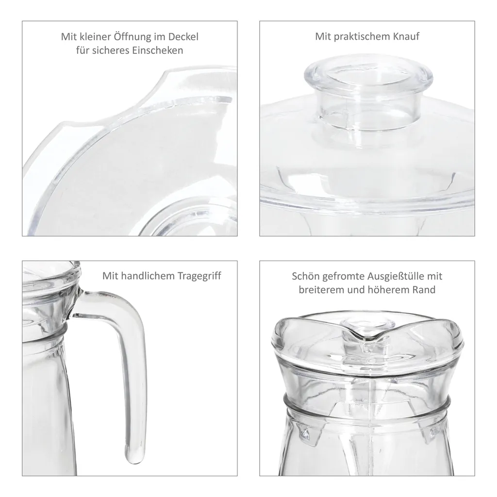 KARA Glas-Karaffe Mit Kunstoff-Deckel + Griff 1,2L Wasser-Krug Saftkanne Limo 7 KARA Glas-Karaffe Mit Kunstoff-Deckel + Griff 1,2L Wasser-Krug Saftkanne Limo – Bild 5