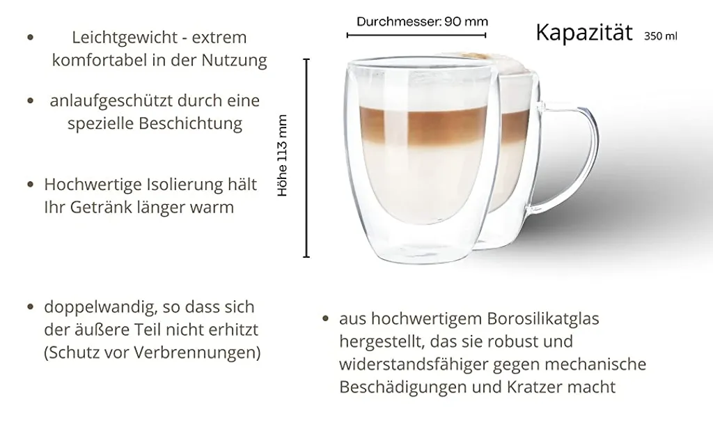 Wessper Doppelwandig Kaffeegläser Mit Henkel, 6 Stück X 350 Ml, Großes Hitzebeständiges Doppelwandglas, Thermogläser, Kaffeegläser Temperaturbeständig Mokkatassen, Teegläser, Latte Machiatto Gläser 8 Wessper Doppelwandig Kaffeegläser Mit Henkel, 6 Stück X 350 Ml, Großes Hitzebeständiges Doppelwandglas, Thermogläser, Kaffeegläser Temperaturbeständig Mokkatassen, Teegläser, Latte Machiatto Gläser – Bild 6