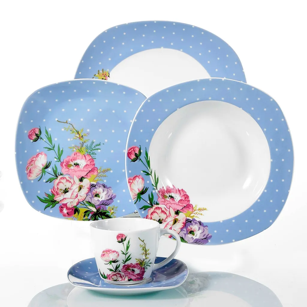 VEWEET 30-teilig Porzellan Tafelservice, Serie 'Hannah', Kombiservice Für 6 Personen, Blau Mit Floral Dekoration 4 VEWEET 30-teilig Porzellan Tafelservice, Serie 'Hannah', Kombiservice Für 6 Personen, Blau Mit Floral Dekoration – Bild 2