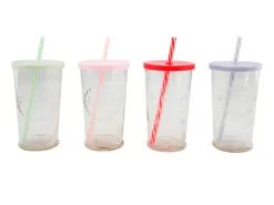 4 Trinkbecher Mit Deckel Und Strohhalm Ca. 270ml Summer Party