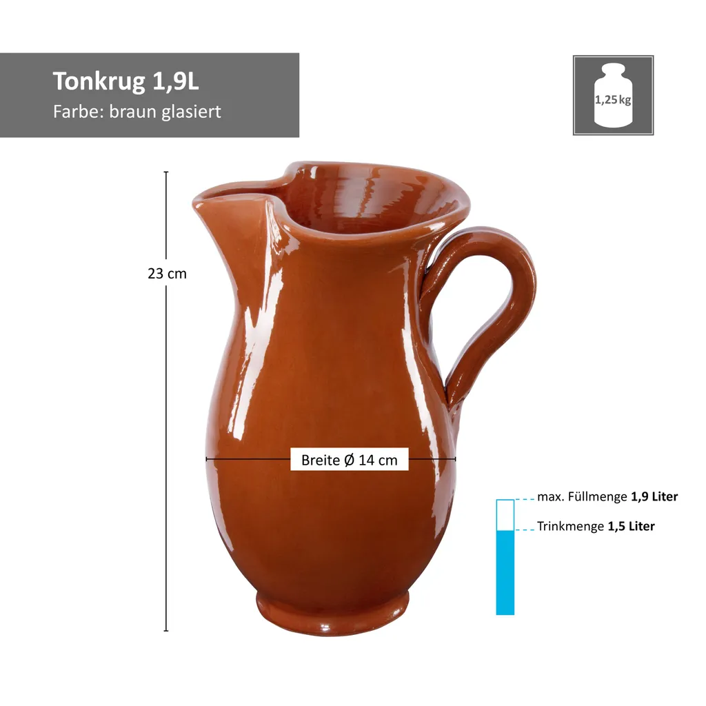 7tlg.-Set: Tonkrug 1.9L + 6 Tonbecher 175ml Ton-Geschirr Rotbraun Glasiert Servier-Kanne Tassen 4 7tlg.-Set: Tonkrug 1.9L + 6 Tonbecher 175ml Ton-Geschirr Rotbraun Glasiert Servier-Kanne Tassen – Bild 2