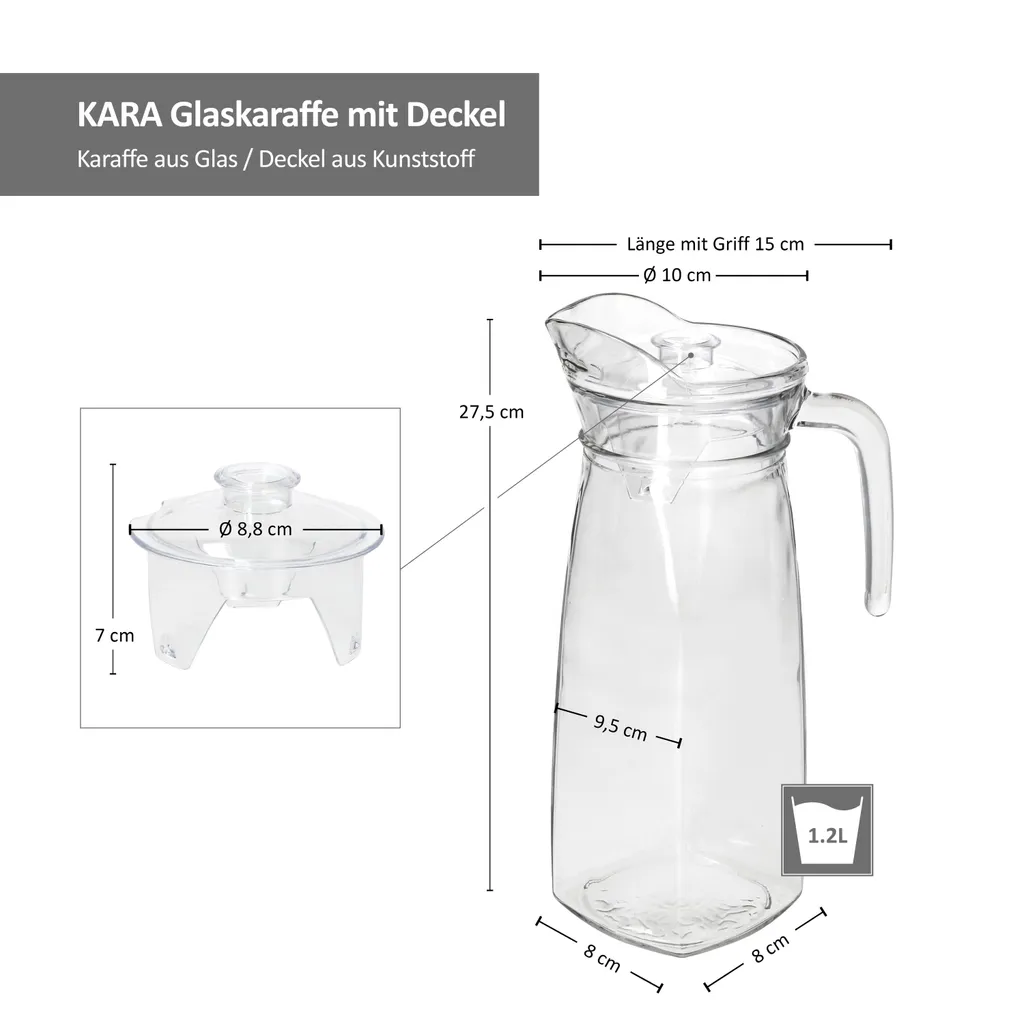 KARA Glas-Karaffe Mit Kunstoff-Deckel + Griff 1,2L Wasser-Krug Saftkanne Limo 8 KARA Glas-Karaffe Mit Kunstoff-Deckel + Griff 1,2L Wasser-Krug Saftkanne Limo – Bild 6