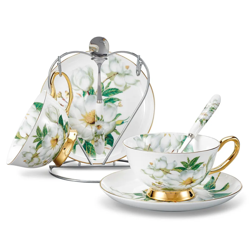 Panbado Kaffeeservice Set Aus Premium Bone China Porzellan, Beinhaltet 2 Kaffeetassen, 2 Untertassen, 2 Löffel, 1-tlg Metallständer 3 Panbado Kaffeeservice Set Aus Premium Bone China Porzellan, Beinhaltet 2 Kaffeetassen, 2 Untertassen, 2 Löffel, 1-tlg Metallständer