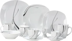 Van Well Kombiservice Silver Night 62-tlg 6 Personen, Tafel + Kaffee + Zubehör, Linien-Dekor -Kuechengeschirr bbb54c110476e049e18d7e928ac529d4