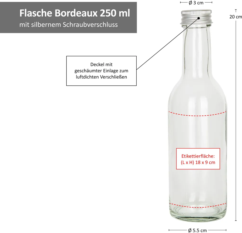 12er Set Bordeaux 250 Ml Glasflasche Zum Abfüllen Von Wein, Likör & Spirituosen + Deckel PP 28 Silber Aluminium 7 12er Set Bordeaux 250 Ml Glasflasche Zum Abfüllen Von Wein, Likör & Spirituosen + Deckel PP 28 Silber Aluminium – Bild 5