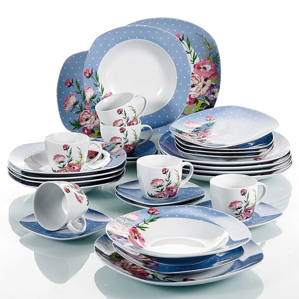 VEWEET 30-teilig Porzellan Tafelservice, Serie 'Hannah', Kombiservice Für 6 Personen, Blau Mit Floral Dekoration 3 VEWEET 30-teilig Porzellan Tafelservice, Serie 'Hannah', Kombiservice Für 6 Personen, Blau Mit Floral Dekoration