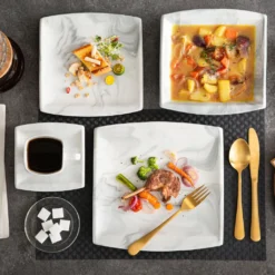 MALACASA, Serie Blance, Kombiservice 30 Tlg. Marmor Porzellan Geschirrset Eckig Tafelservice Mit 180 Ml Kaffeetassen, Untertassen, Dessertteller, Tiefteller Und Flachteller -Kuechengeschirr d88c5ec74805cfe71e62b0808223d5f3