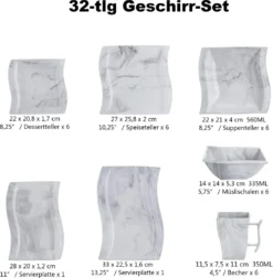 MALACASA, Serie Flora, 32 Tlg. Marmor Porzellan Geschirrset Kombiservice Tafelservice Mit 6 Schalen, 6 Dessertteller, 6 Suppenteller, 6 Speiseteller, 6 Becher Und 2 Rechteckige Servierplatte -Kuechengeschirr d99122988d3c60ff82ec1d83f1eb7e03