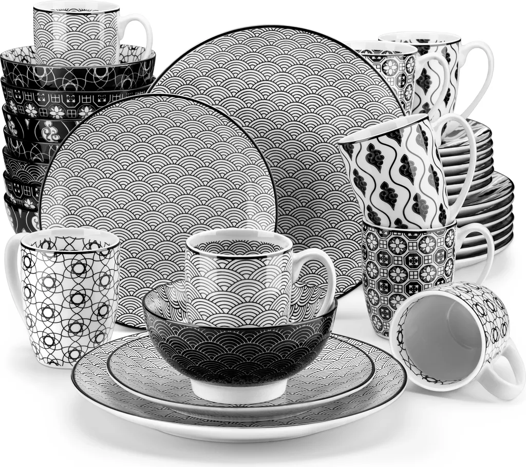 Vancasso, Haruka Porzellan Geschirrservice, 32-teilig Rund Kombiservice Geschirrset Tafelservice Für 8 Personen, Schwarz 3 Vancasso, Haruka Porzellan Geschirrservice, 32-teilig Rund Kombiservice Geschirrset Tafelservice Für 8 Personen, Schwarz
