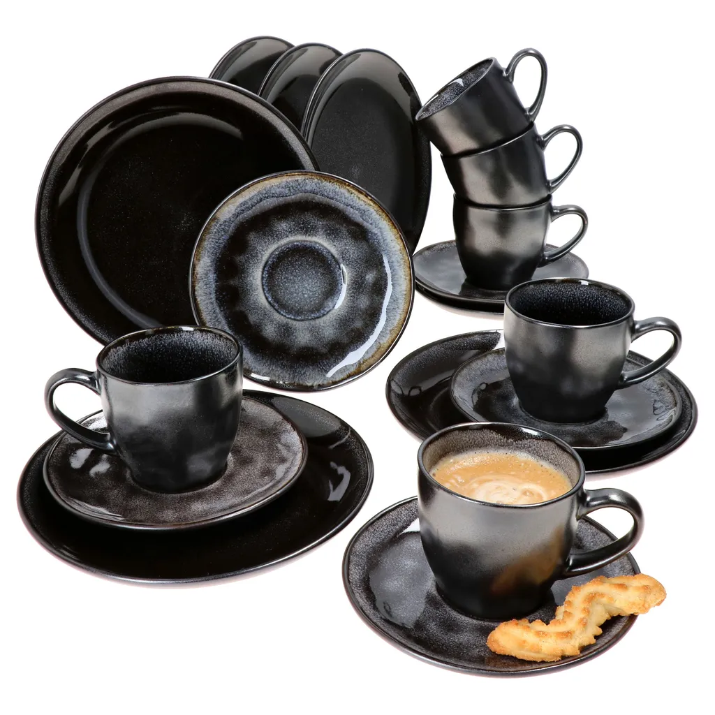 18tlg. Kaffeeservice Reactive Glaze Grey Black Steingut Teller Tasse Schwarz 3 18tlg. Kaffeeservice Reactive Glaze Grey Black Steingut Teller Tasse Schwarz