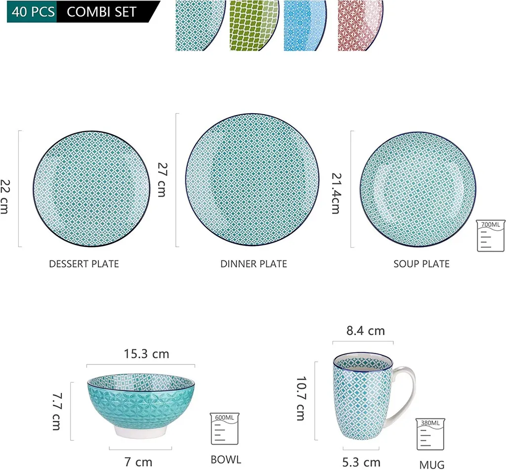 Kombiservice Porzellan, Vancasso Tafelservice Bunt, MACARON 40 Teilig Geschirrset, Mit Je 8 Speiseteller, Dessertteller, Müslischalen, Suppenteller Und Kaffeebecher Für 8 Personen 5 Kombiservice Porzellan, Vancasso Tafelservice Bunt, MACARON 40 Teilig Geschirrset, Mit Je 8 Speiseteller, Dessertteller, Müslischalen, Suppenteller Und Kaffeebecher Für 8 Personen – Bild 3