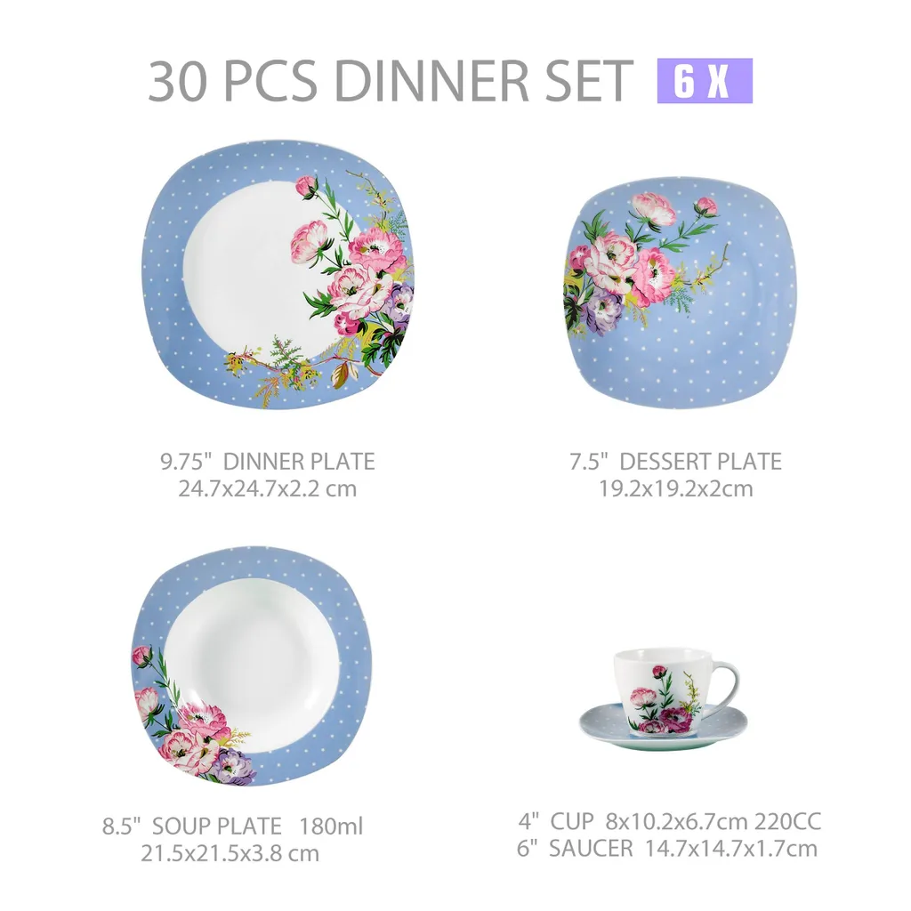 VEWEET 30-teilig Porzellan Tafelservice, Serie 'Hannah', Kombiservice Für 6 Personen, Blau Mit Floral Dekoration 5 VEWEET 30-teilig Porzellan Tafelservice, Serie 'Hannah', Kombiservice Für 6 Personen, Blau Mit Floral Dekoration – Bild 3